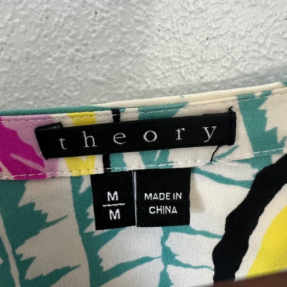 Theory 100% Silk Blouse M Georgette Teal Pink Yellow Tropical Leaf Resort Luxury - Picture 3 of 14